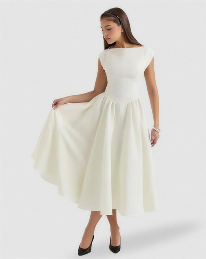 Robe de Cocktail Midi Évasée Encolure Bateau – Rétro Chic & Invitée de Mariage | Taille Cintrée Élégante