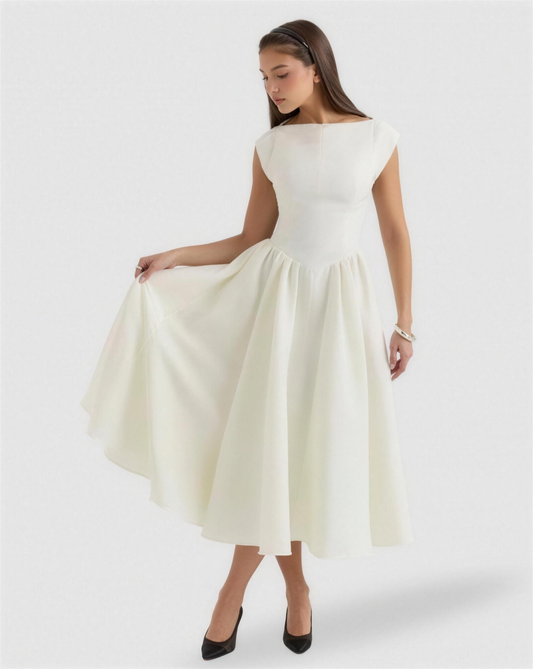 Robe de Cocktail Midi Évasée Encolure Bateau – Rétro Chic & Invitée de Mariage | Taille Cintrée Élégante