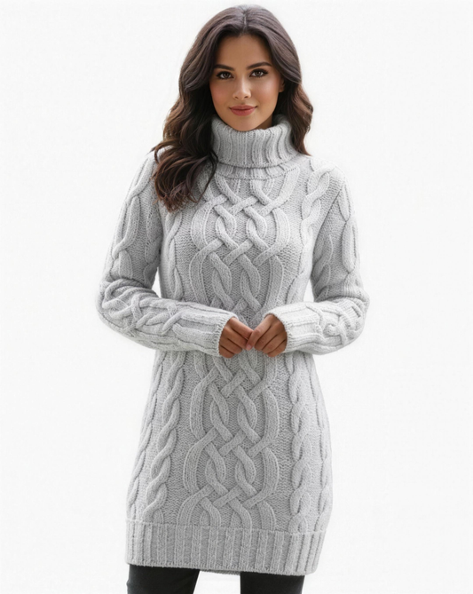 Robe Pull Col Roulé Femme Tricot Torsadé – Coupe Évasée & Chaleur | Style Chic Automne Hiver