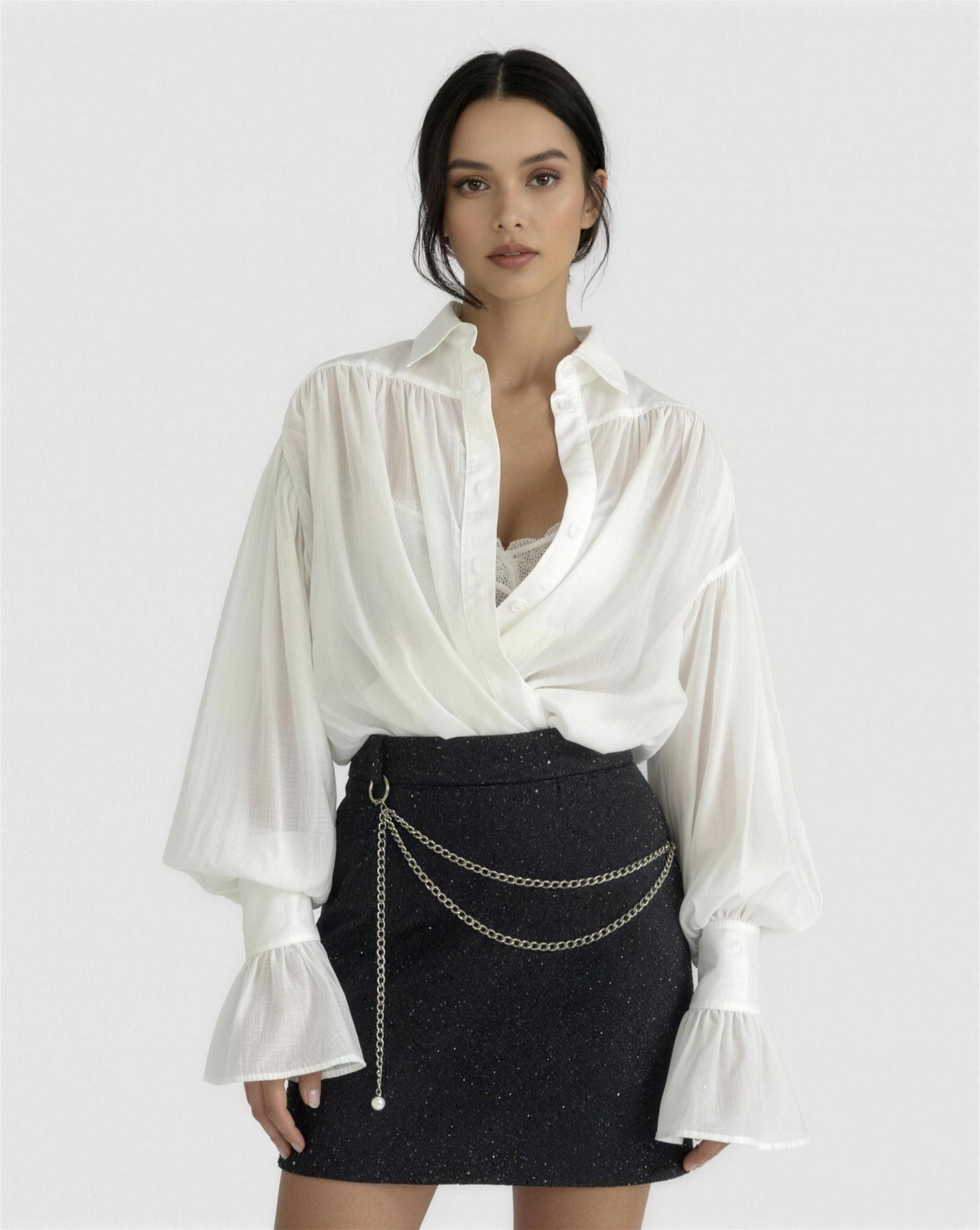 Chemise Fluide à Manches Bouffantes et Poignets Évasés