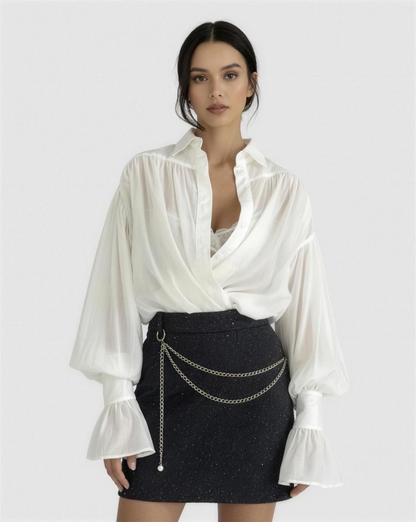 Chemise Fluide à Manches Bouffantes et Poignets Évasés