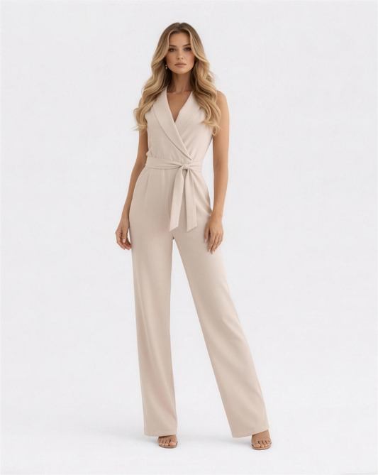 Combinaison Pantalon Femme Sans Manches – Col Revers & Taille Ceinturée | Soirée Élégante & Invitée de Mariage