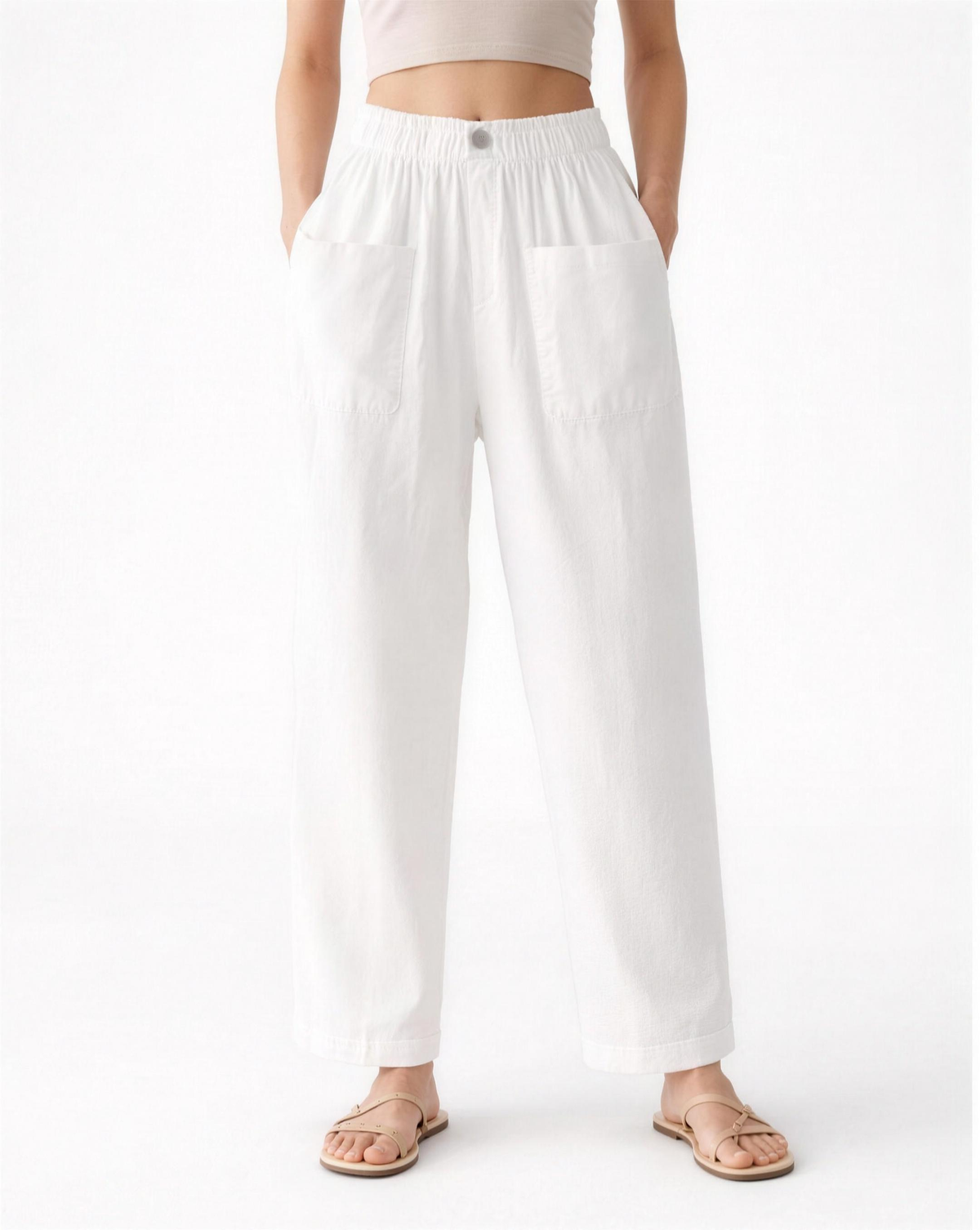 Pantalon Femme Coupe Droite Taille Élastique avec Poches Plaquées