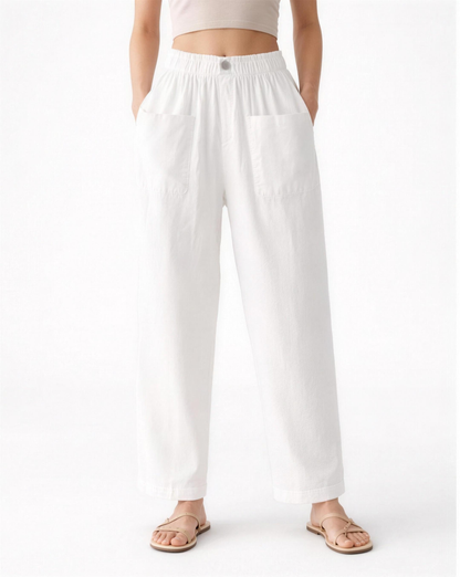 Pantalon Femme Coupe Droite Taille Élastique avec Poches Plaquées
