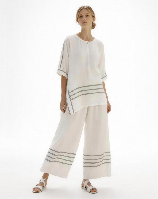 Ensemble femme fluide top ample et pantalon large à rayures