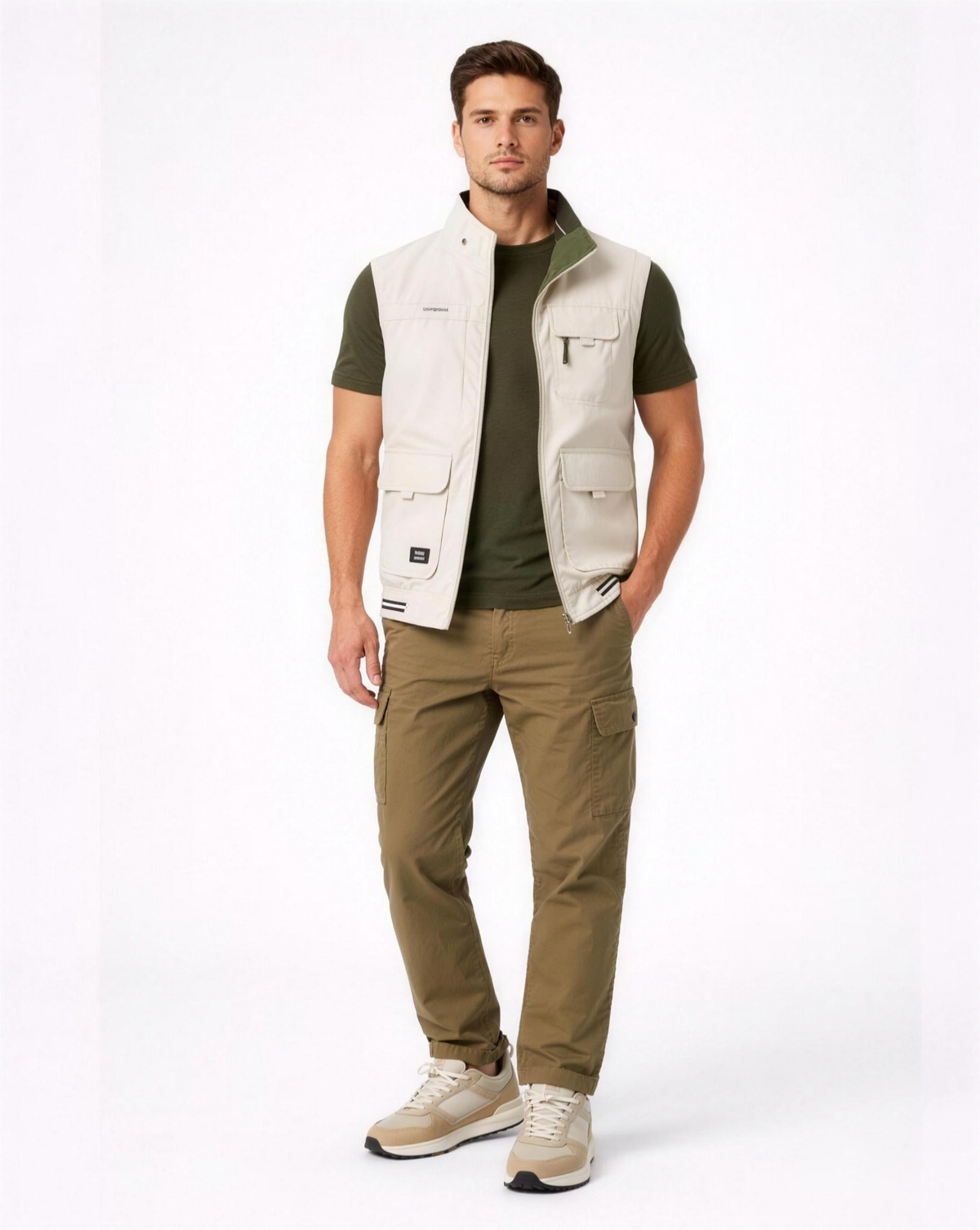 Gilet Homme Sans Manches Multi-Poches Style Utilitaire avec Col Montant et Fermeture Zippée