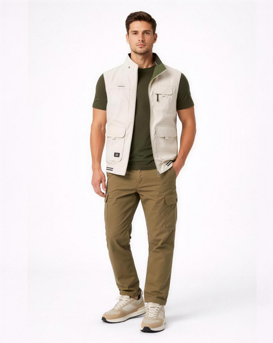 Gilet Homme Sans Manches Multi-Poches Style Utilitaire avec Col Montant et Fermeture Zippée