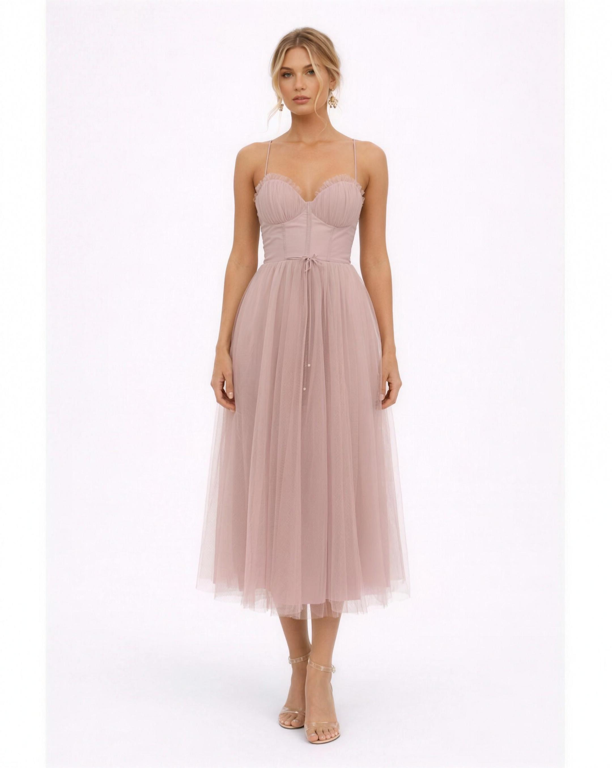 Robe Midi en Tulle Bustier Cœur Bretelles Fines – Cérémonie Brun Rose