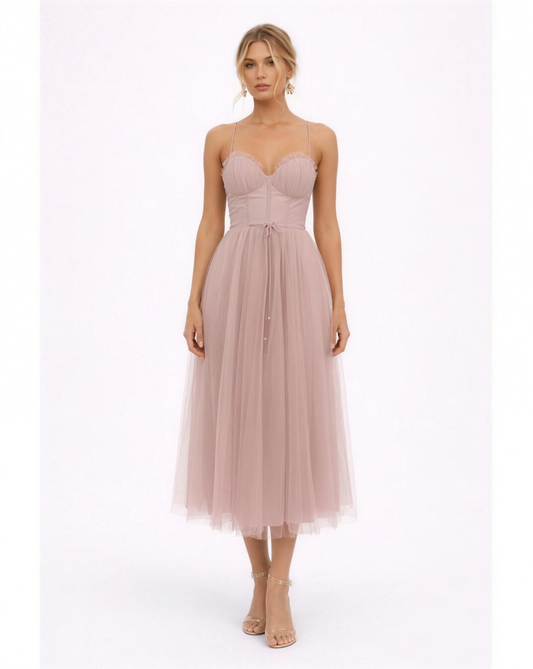 Robe Midi en Tulle Bustier Cœur Bretelles Fines – Cérémonie Brun Rose