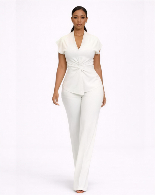 Ensemble Deux Pièces Femme Col V Drapé – Taille Haute Fluide & Élégant