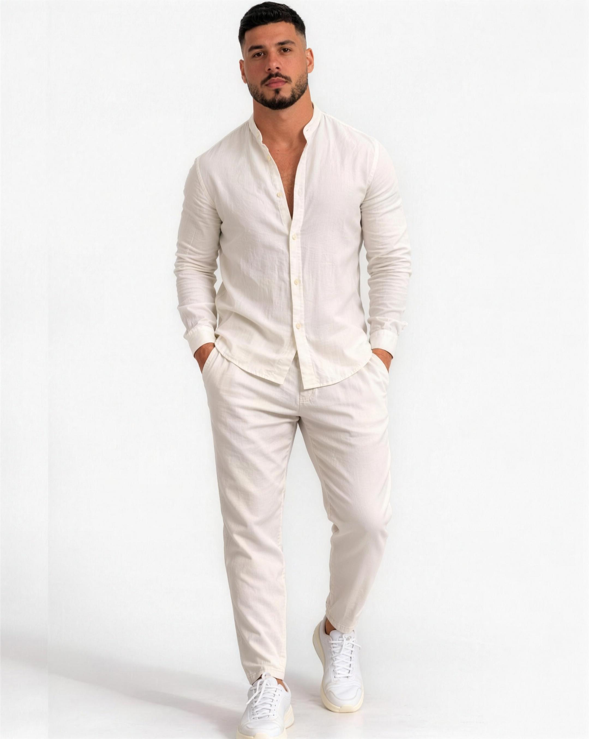 Ensemble homme 2 pièces – chemise col tunisien et pantalon coupe droite