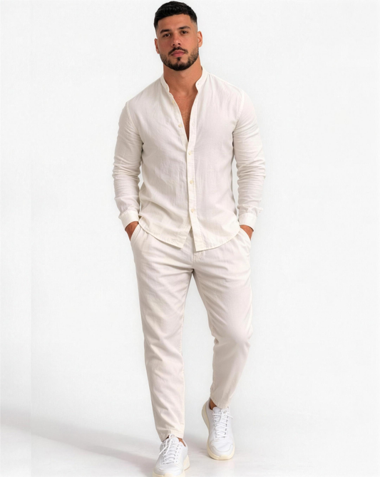 Ensemble homme 2 pièces – chemise col tunisien et pantalon coupe droite