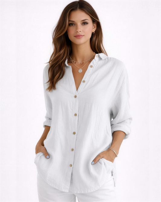 Chemise femme fluide à manches longues avec col classique et boutons