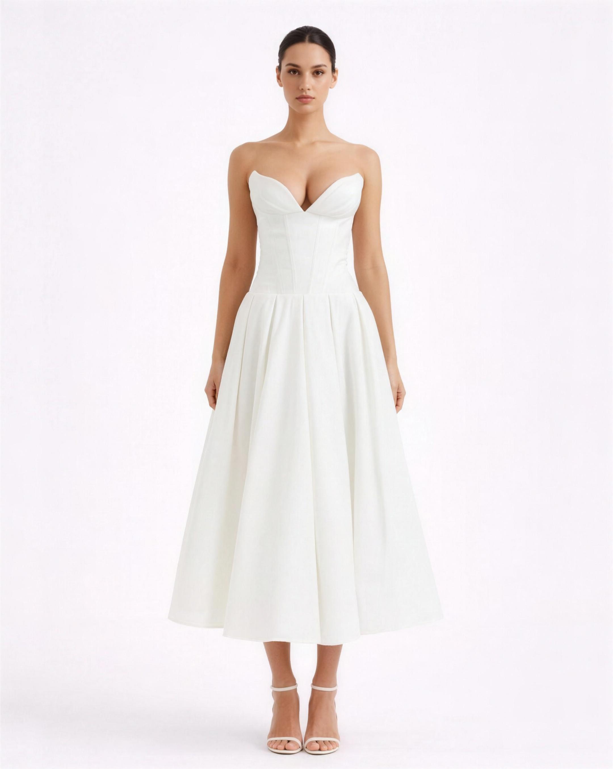Robe Midi Bustier Évasée Décolleté Structuré Blanc | Soirée Cocktail
