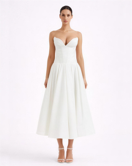 Robe Midi Bustier Évasée Décolleté Structuré Blanc | Soirée Cocktail