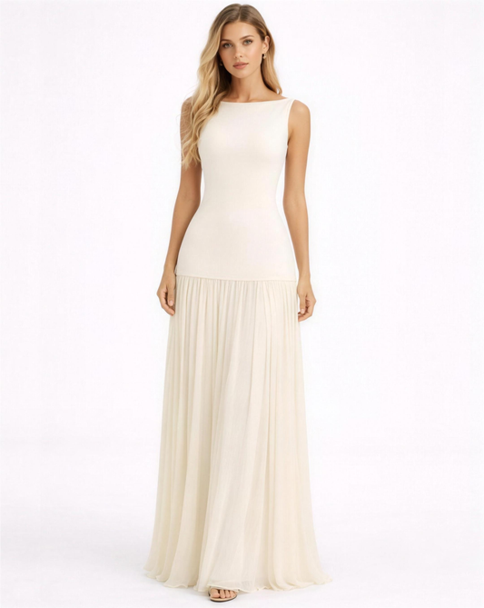Robe longue ajustée sans manches avec jupe plissée fluide