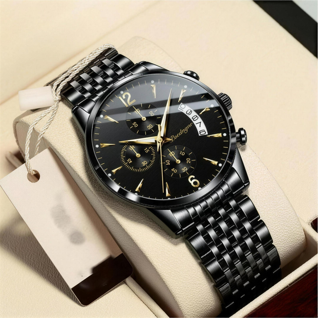 Montre Homme Élégante – Acier Inoxydable Noir & Détails Dorés