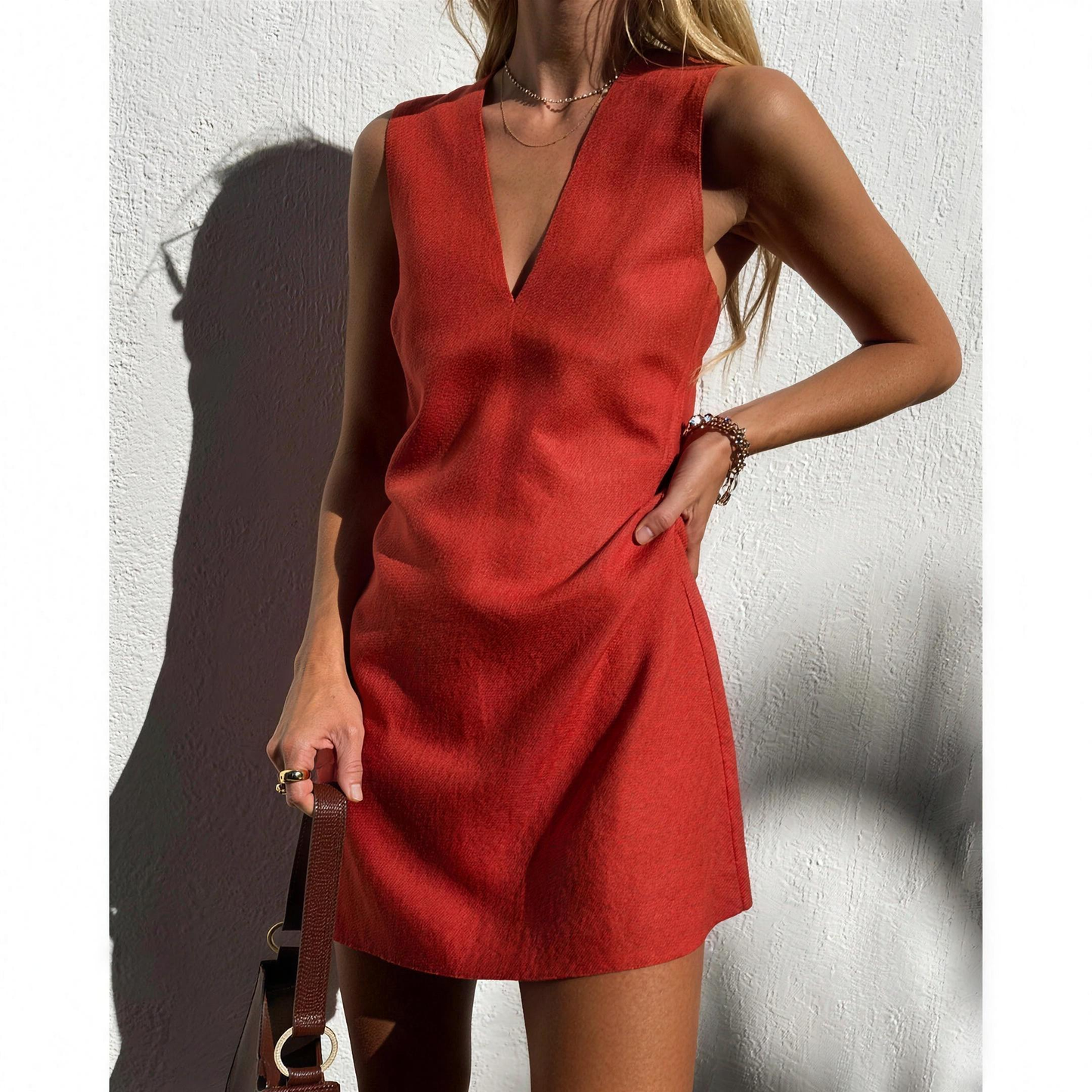 Robe Femme Lin Trapèze Col V Décontractée – Robe Cocktail Style Naturel | Invitée de Mariage Été