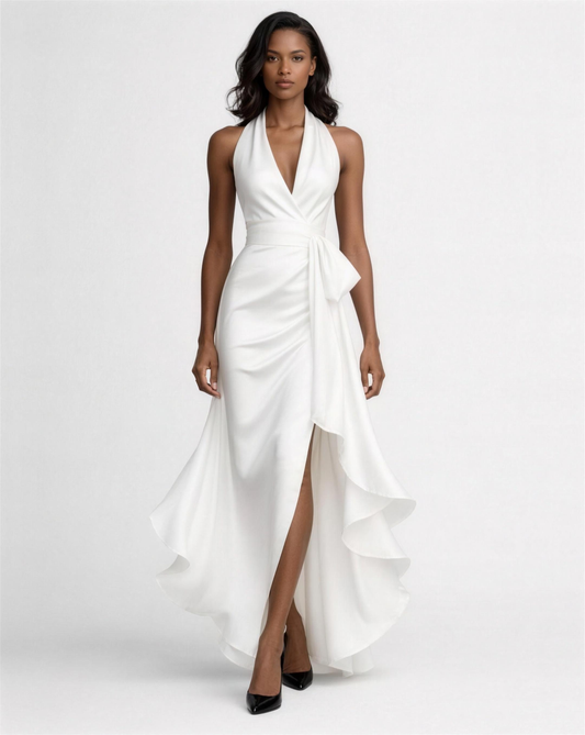 Robe Longue Satinée Dos Nu Drapée à Volants — Soirée & Cérémonie