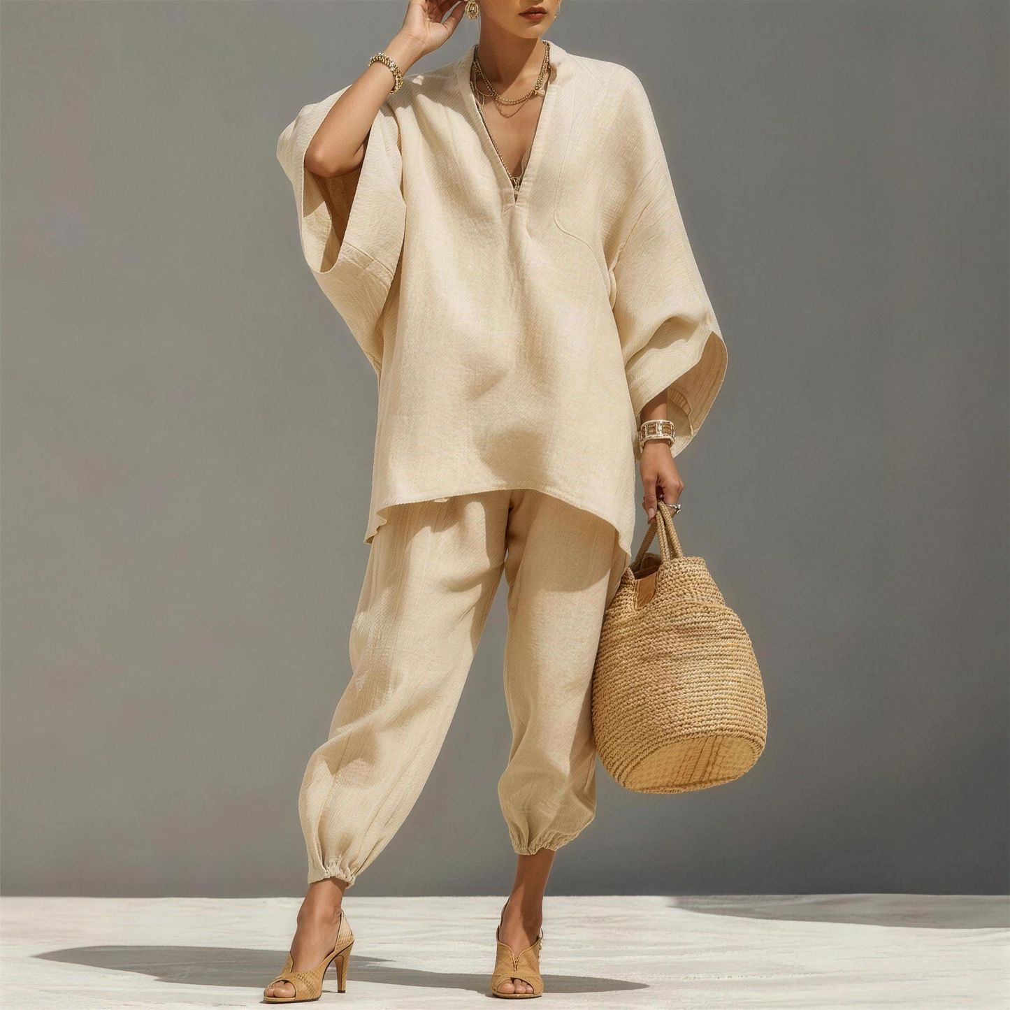 Ensemble 2 Pièces Femme – Tunique Fluide & Pantalon Ample Respirant | Lin Léger