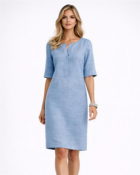 Robe Midi Femme Bleue Col Fendu Manches 3/4 avec Poches