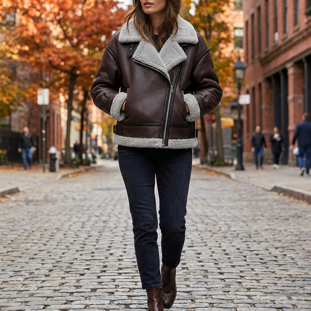 Veste courte femme doublee fourrure portee en ville