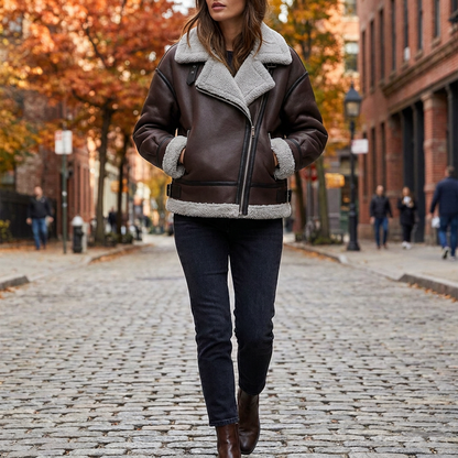 Veste courte femme doublee fourrure portee en ville