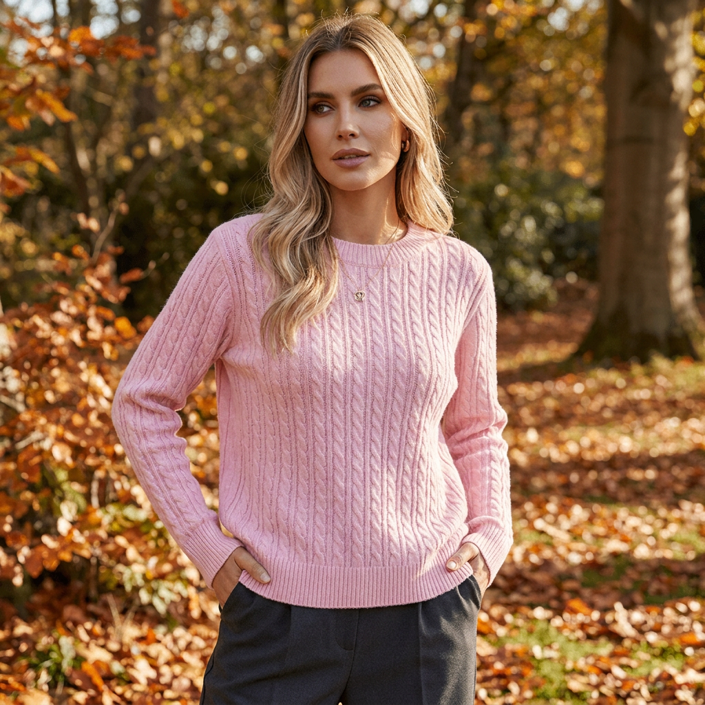 Pull maille femme col rond porte en exterieur automne