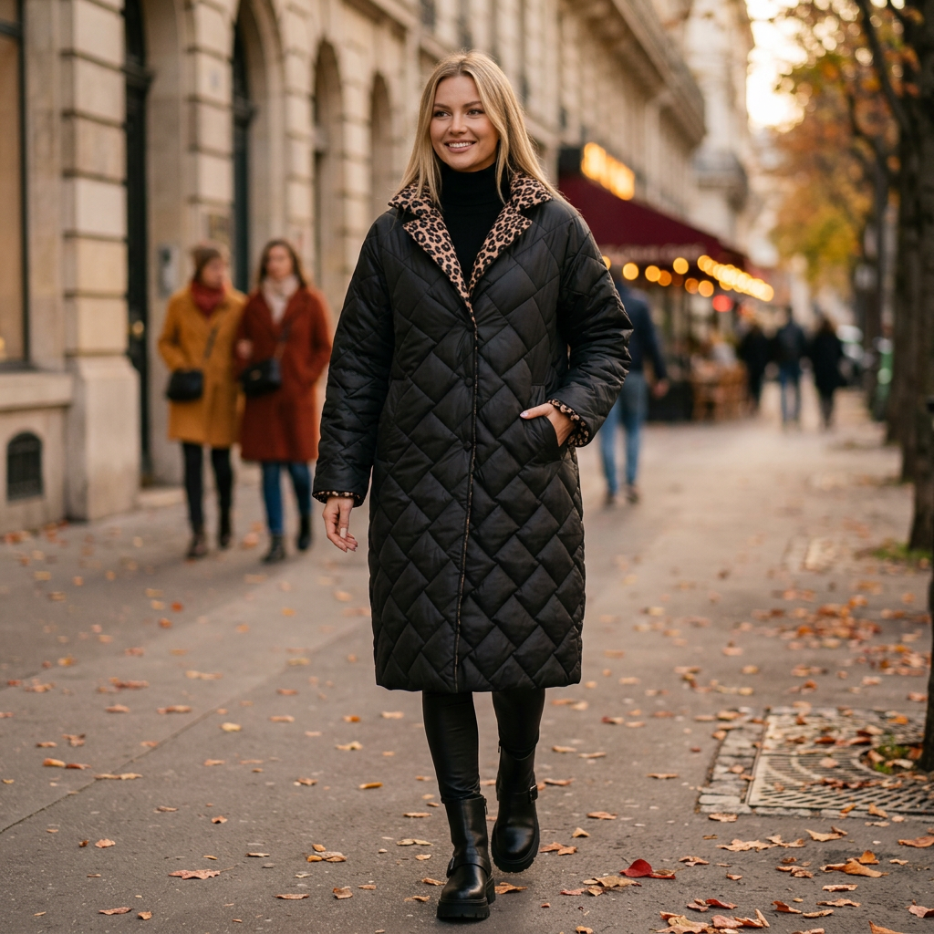 Veste matelassee reversible leopard femme portee en exterieur