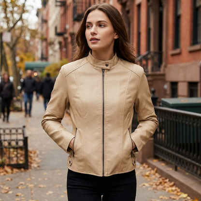 Veste femme aspect cuir zippee portee en exterieur