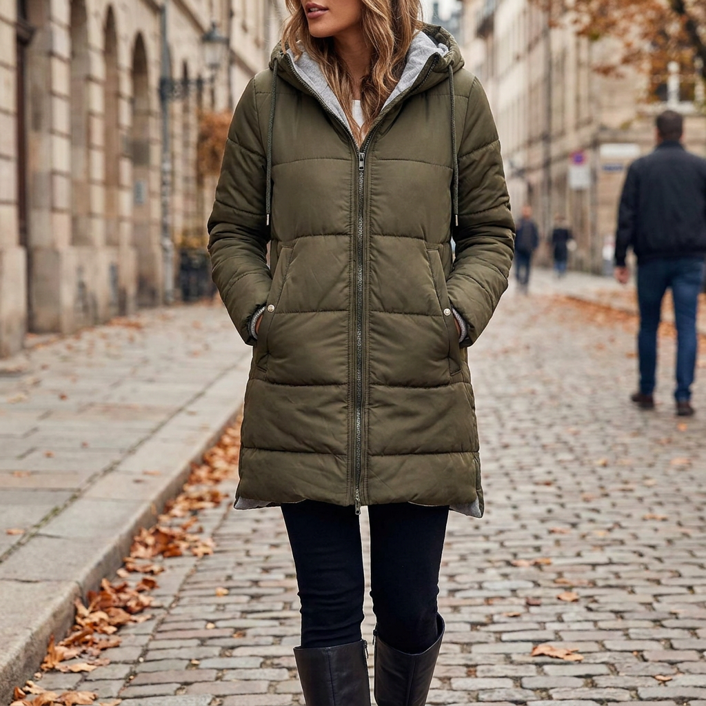 Doudoune matelassee a capuche femme portee en exterieur automne