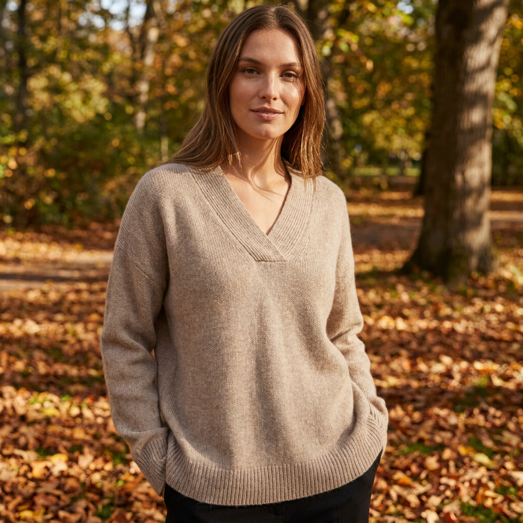Pull femme col V oversize porte en exterieur automne