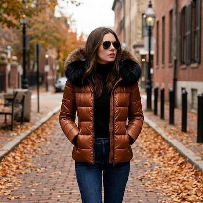 Veste hiver femme capuche fausse fourrure portee en exterieur