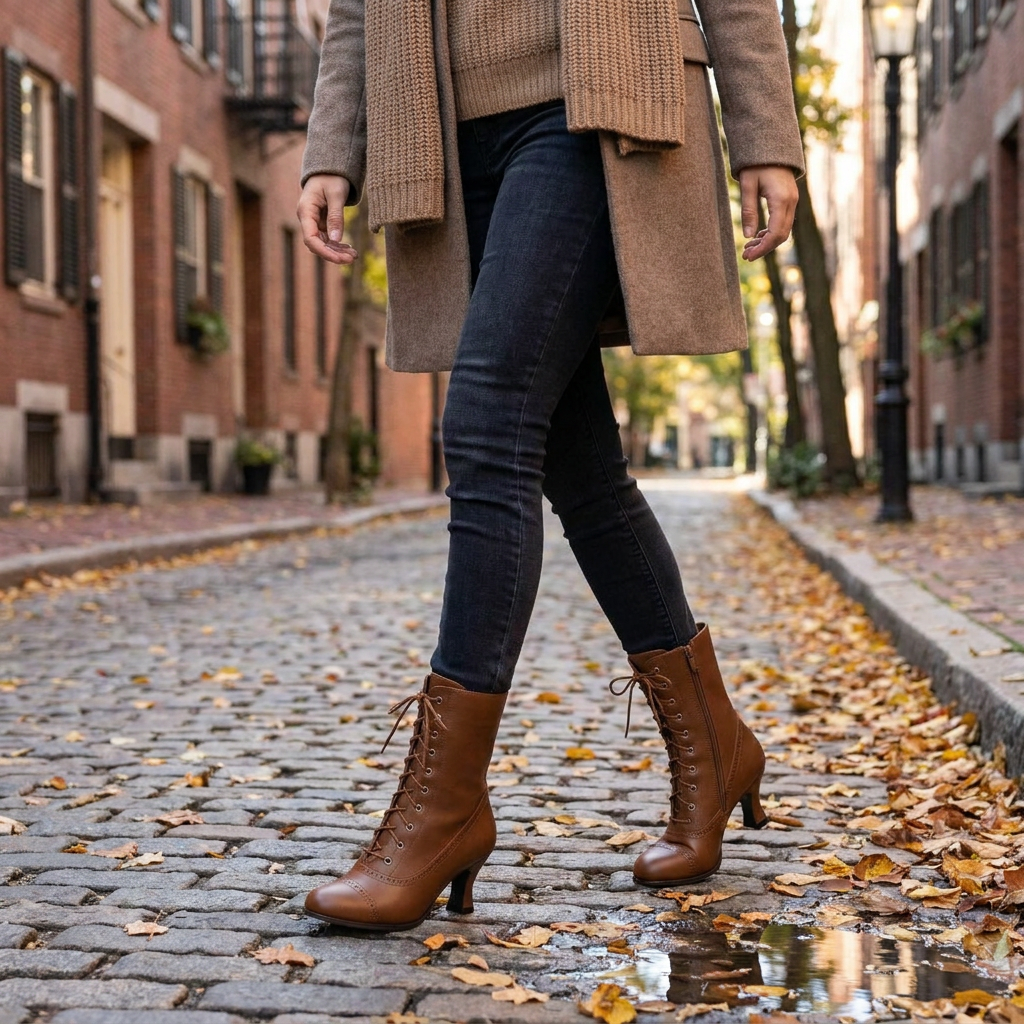 Bottines retro a lacets femme portees en ville automne