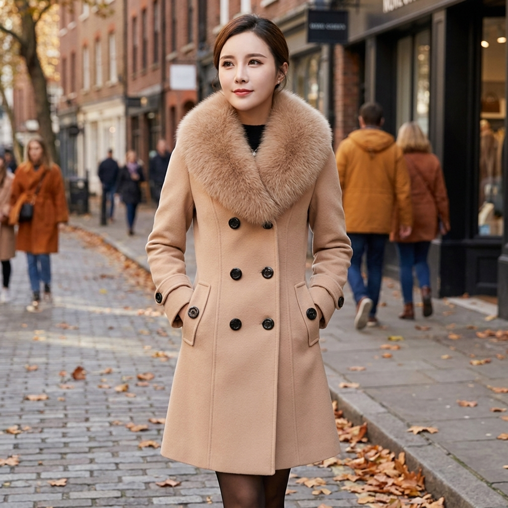 Manteau femme col fausse fourrure cintre porte en ville