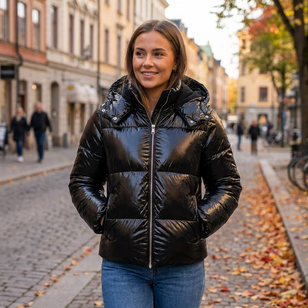 Doudoune femme brillante portee dans une rue d automne