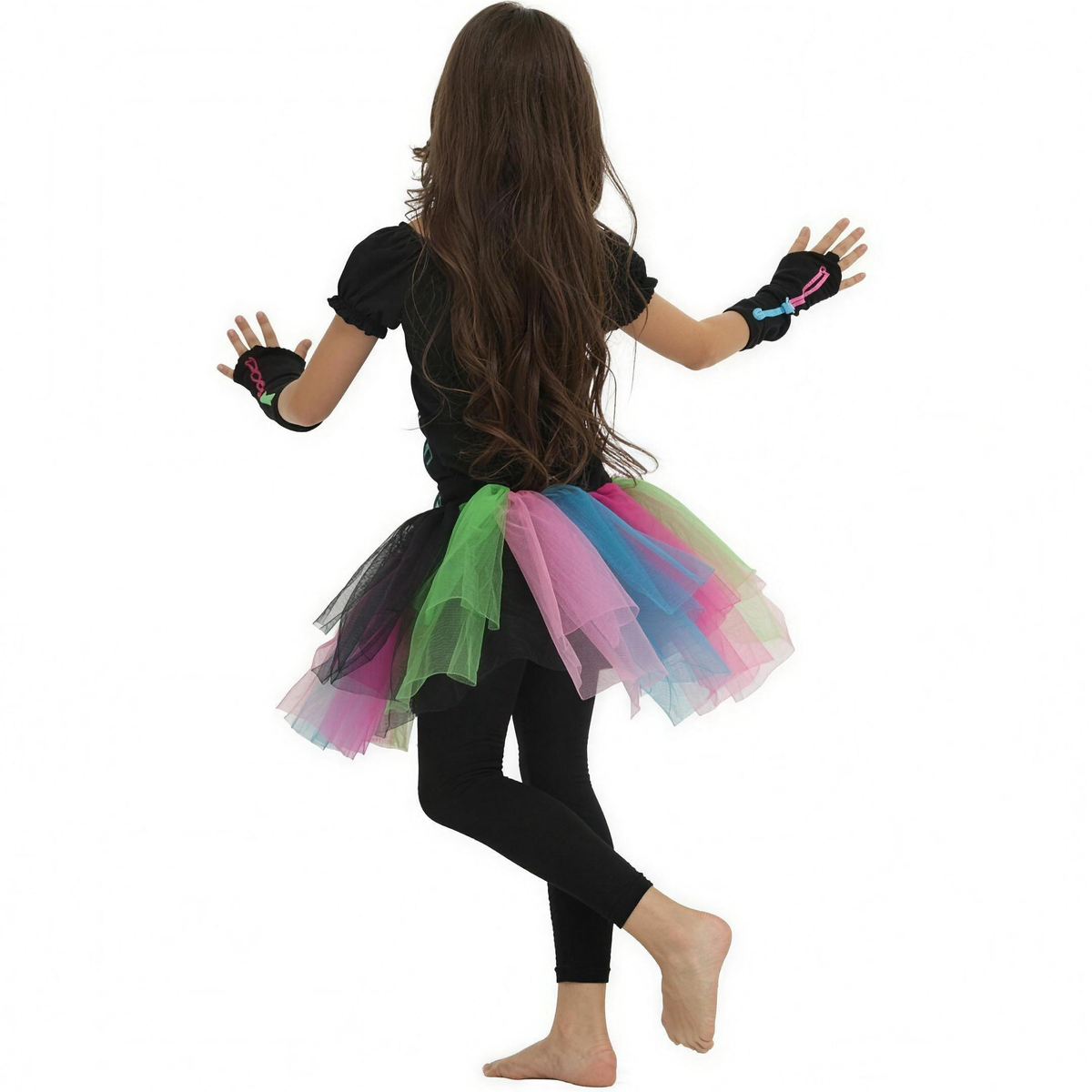 Vue de dos du costume tutu squelette arc-en-ciel montrant la jupe en tulle superposée