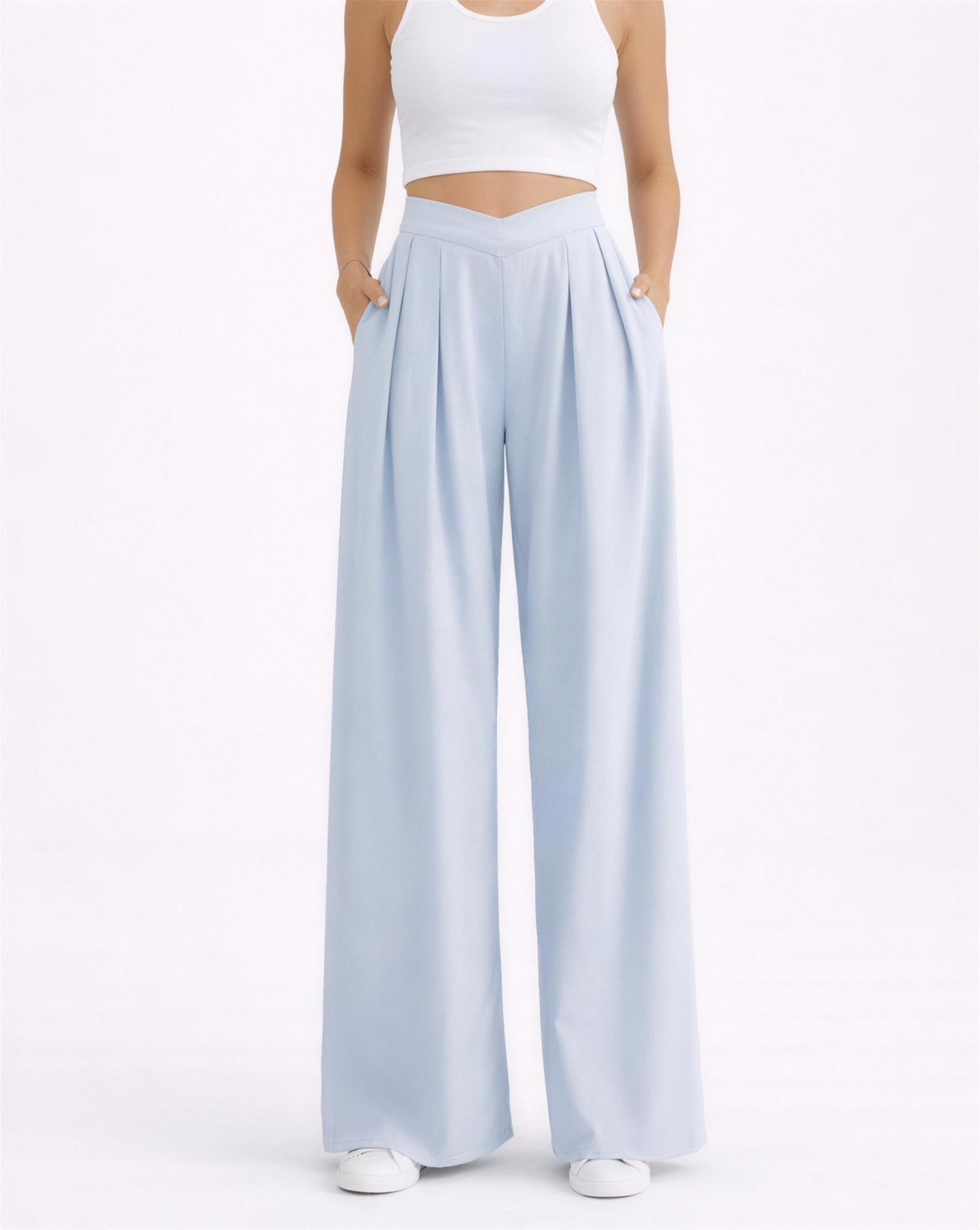 Pantalon palazzo femme bleu, taille haute et jambes larges plissées, vue face