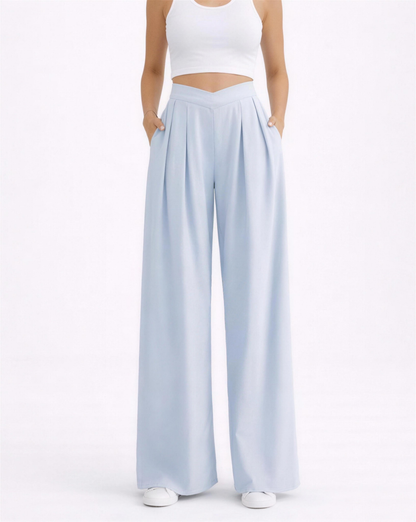 Pantalon palazzo femme bleu, taille haute et jambes larges plissées, vue face