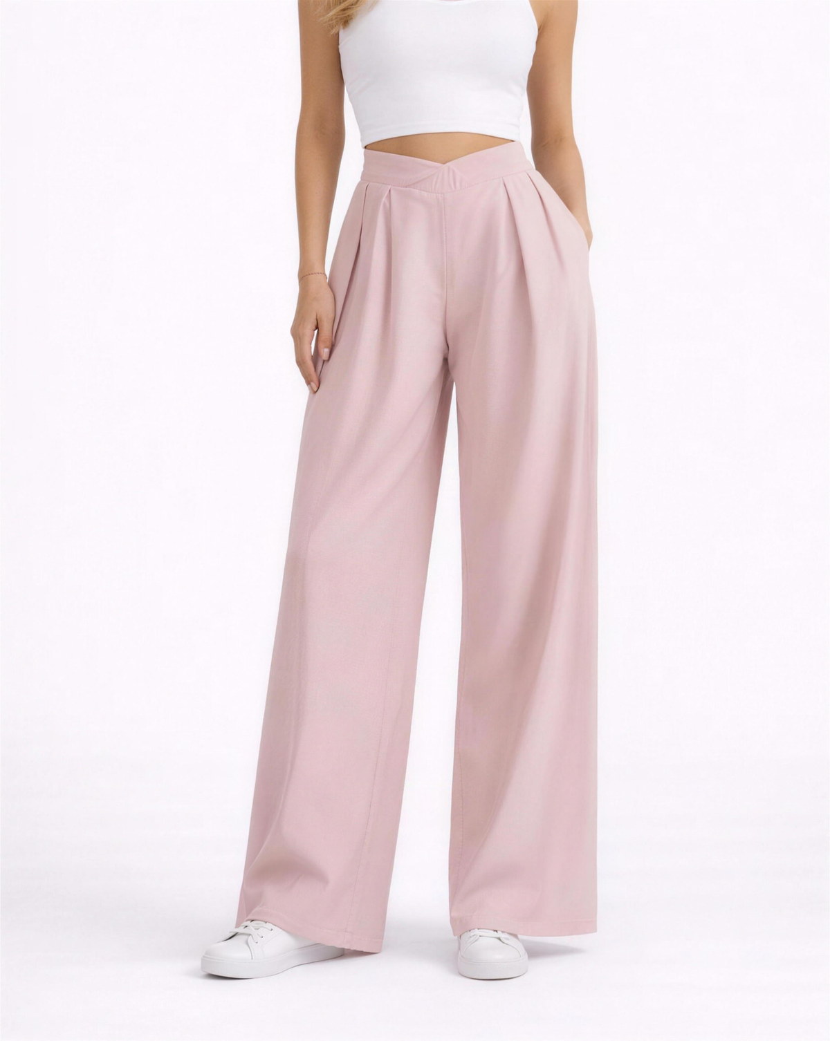 Pantalon palazzo femme rose, taille haute et jambes larges plissées, vue face