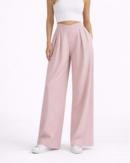 Pantalon palazzo femme rose, taille haute et jambes larges plissées, vue face