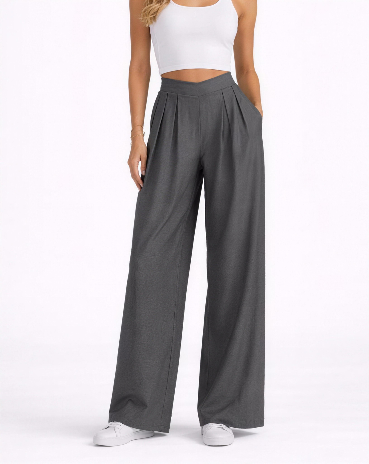 Pantalon palazzo femme gris, taille haute et jambes larges plissées, vue face