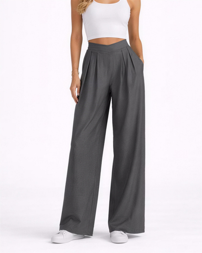 Pantalon palazzo femme gris, taille haute et jambes larges plissées, vue face