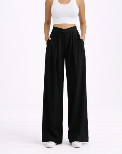 Pantalon palazzo femme noir, taille haute et jambes larges plissées, vue face