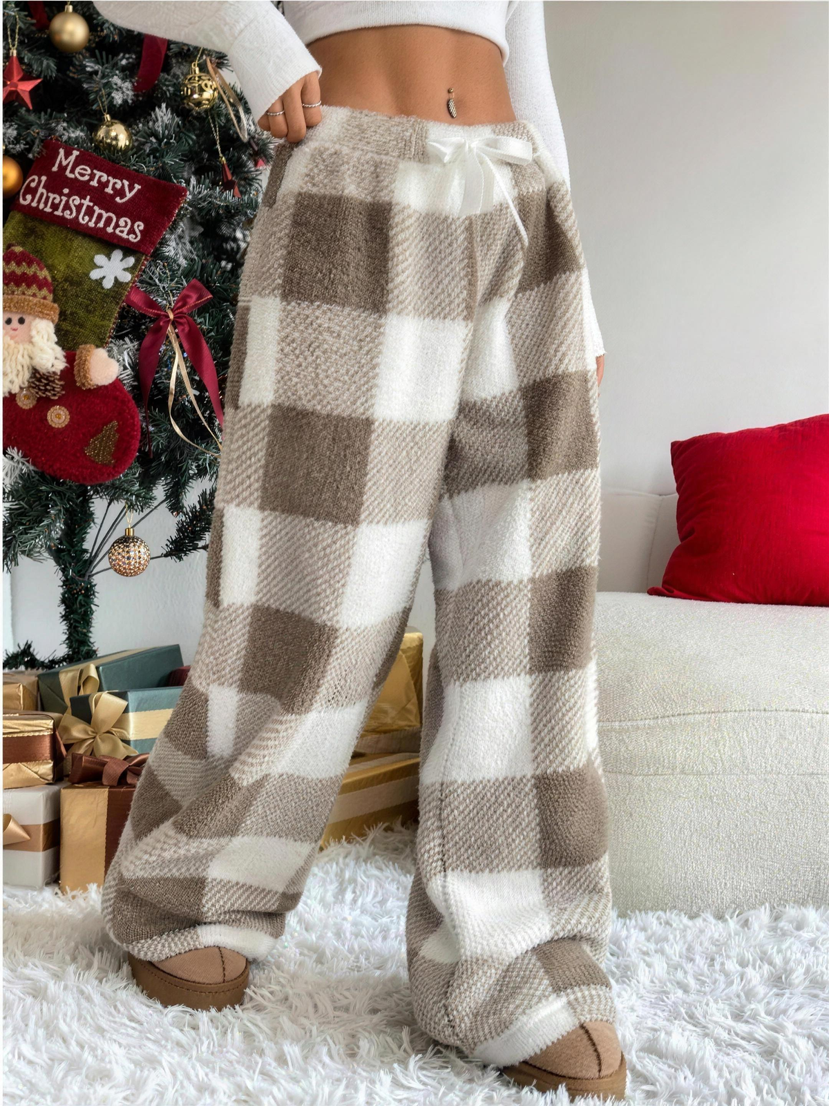 Pantalon large en peluche femme kaki à carreaux, taille élastique cordon de serrage, vue face
