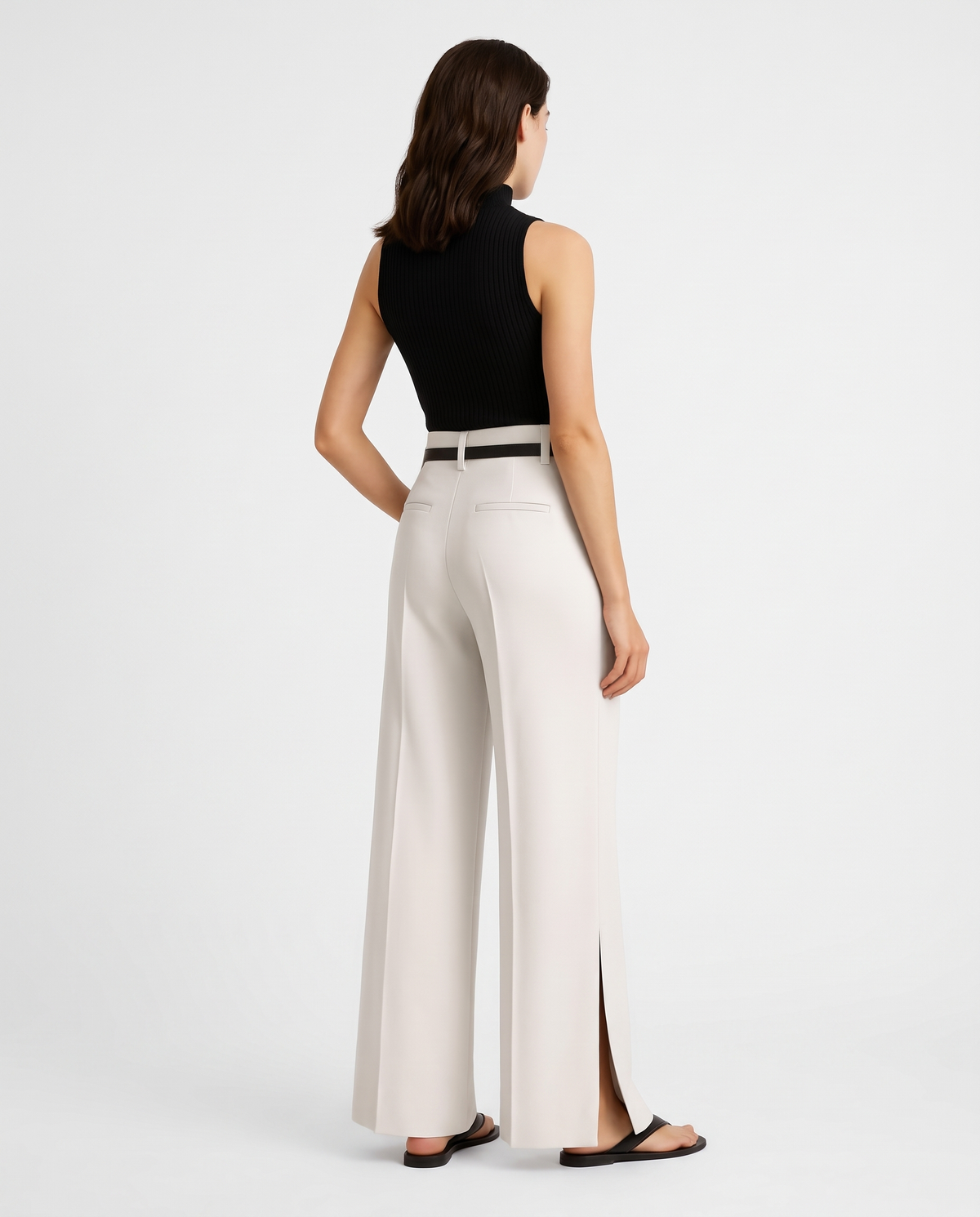 pantalon large fendu femme, coloris noir fond blanc studio