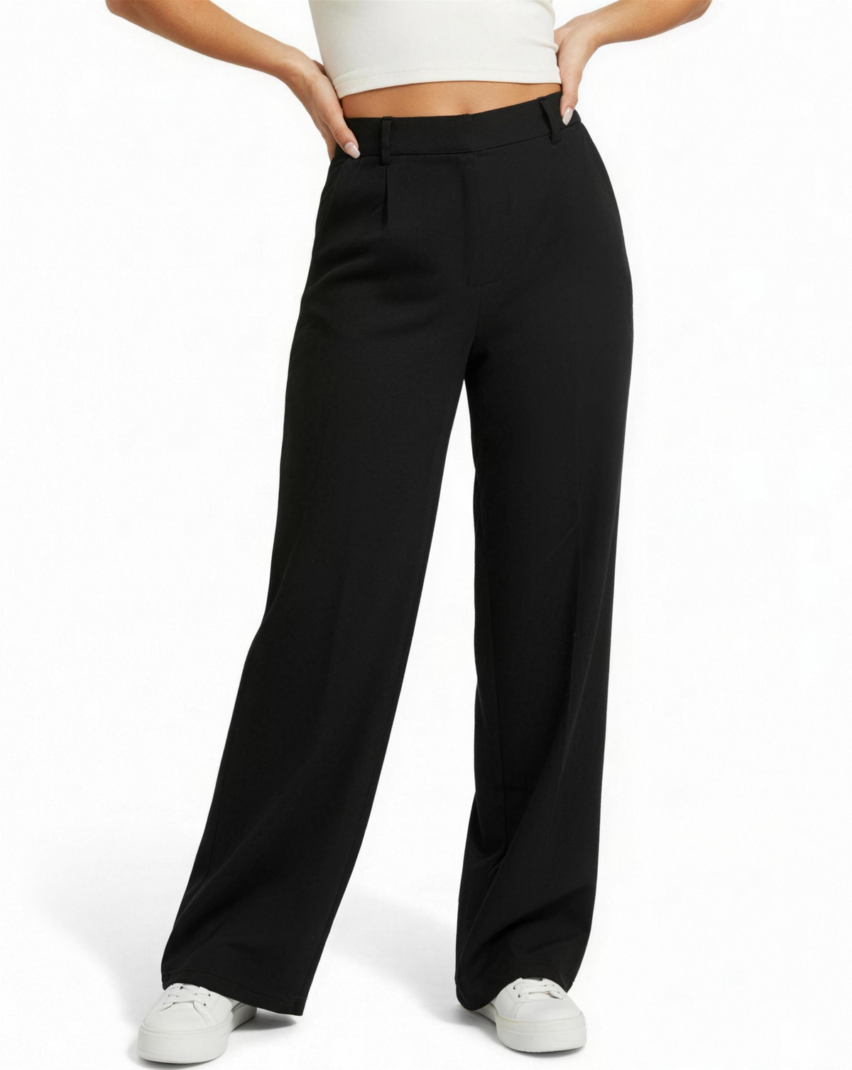 Pantalon large taille haute pour femme, coloris noir, vue portée
