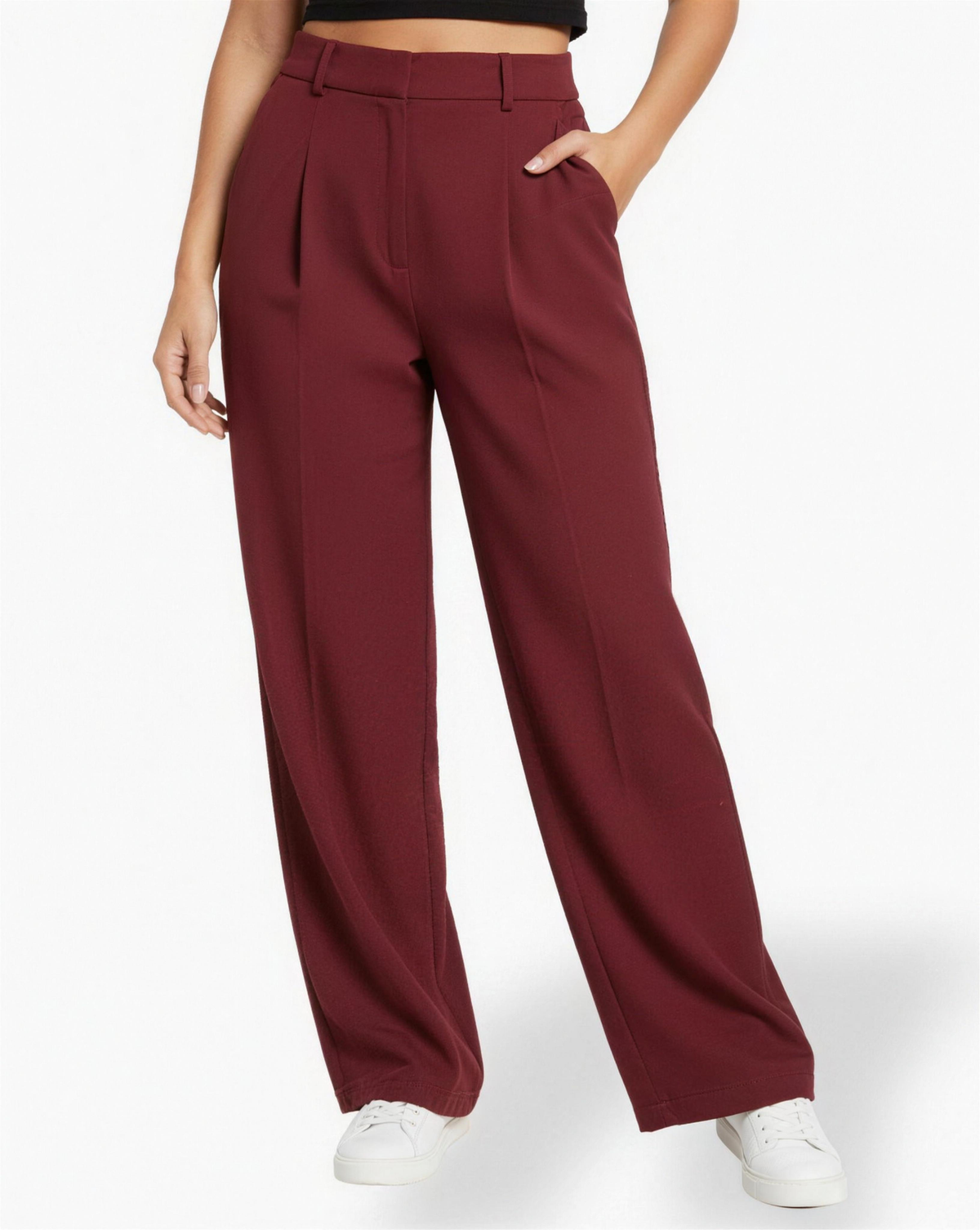 Pantalon large taille haute pour femme, coloris rouge, vue portée