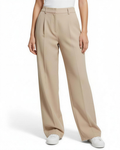 Pantalon large taille haute pour femme, coloris beige, vue portée