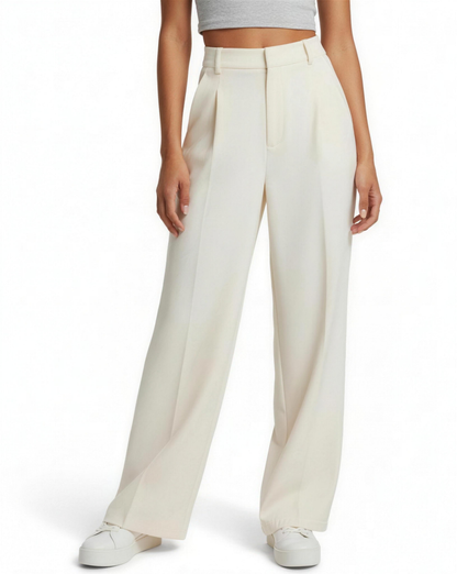 Pantalon large taille haute pour femme, coloris blanc, vue portée